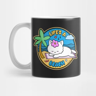 "Life's A Beach" Kawaii kitty sunbathing on a beach Mug